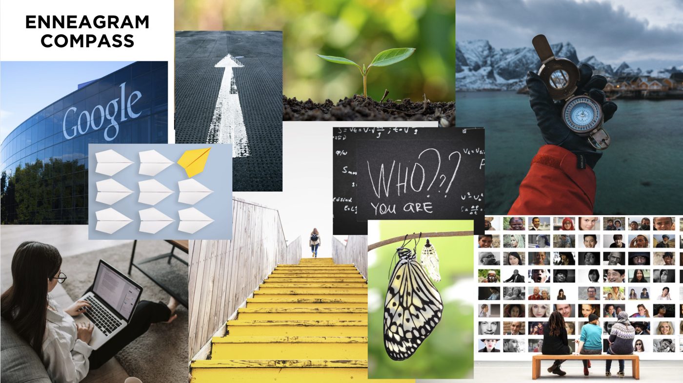 Mood board with a compass, seedling, butterfly, and stairs