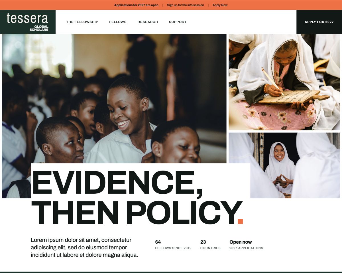 Tessera Global Scholars concept homepage, opens the live concept