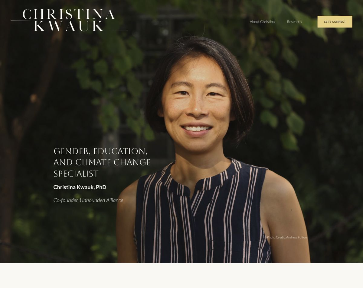 Christina Kwauk homepage, opens the live site